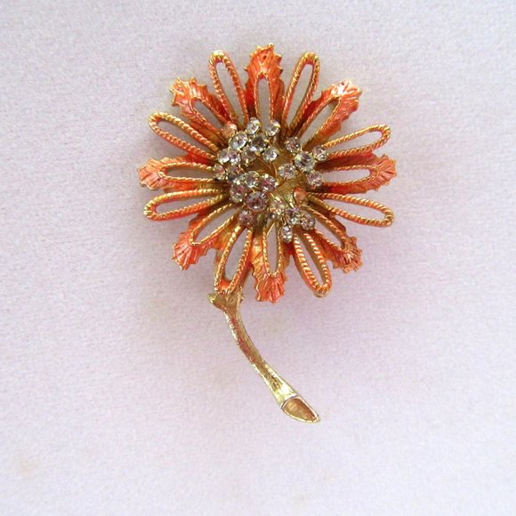 FLORENZA gold tone & rhinestone trembler coral orange sunflower brooch -Spring - Picture 6 of 8